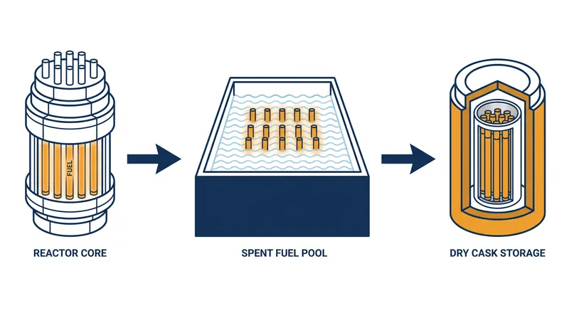 The initial stages of spent nuclear fuel management rely on active water cooling before transitioning to passive dry storage.