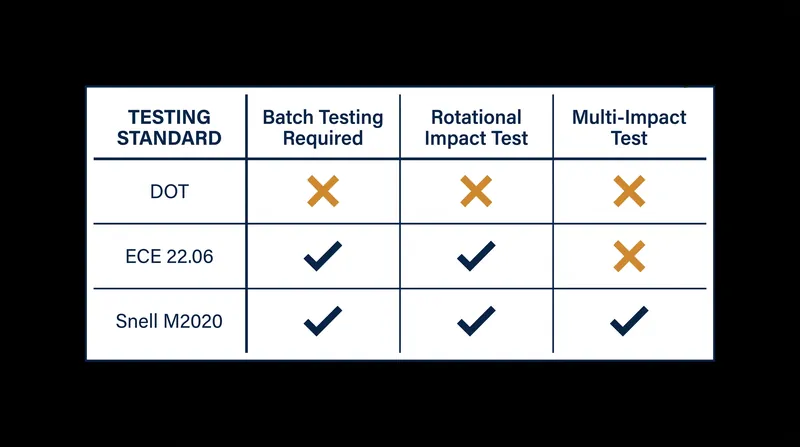 Comparing the testing protocols reveals significant differences in how each standard evaluates helmet safety.