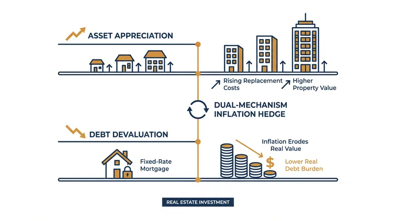 Real estate leverages inflation by simultaneously driving up asset values and eroding the real burden of fixed-rate debt.