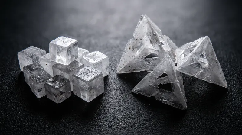 Table salt forms dense cubic crystals, while finishing salts often form delicate, hollow pyramids.