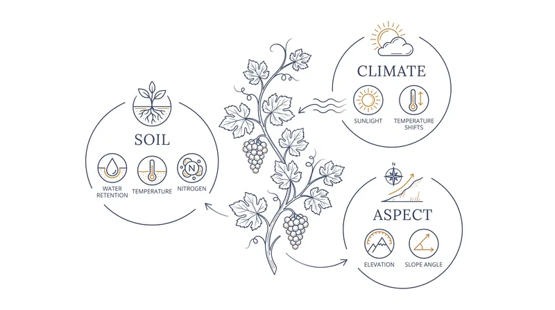 The three primary environmental factors that dictate a vineyard's terroir.