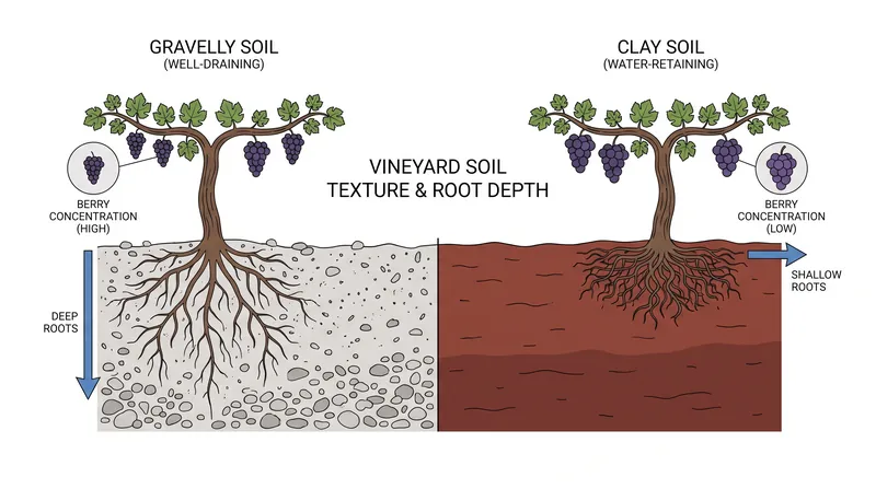 Soil texture regulates water access, forcing vines in well-draining soils to dig deeper and concentrate their fruit.