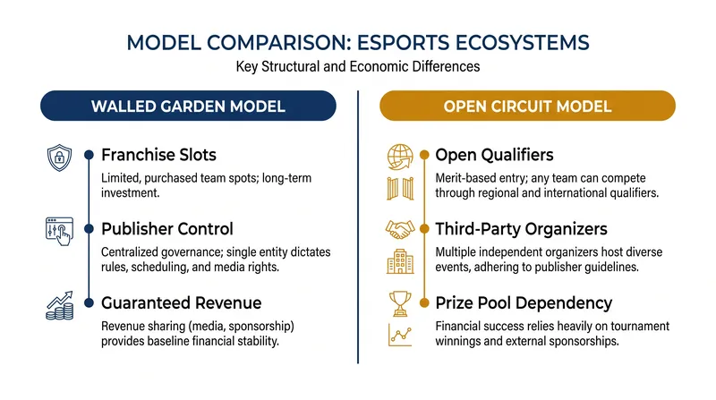 A structural comparison of the two dominant economic models in competitive gaming.