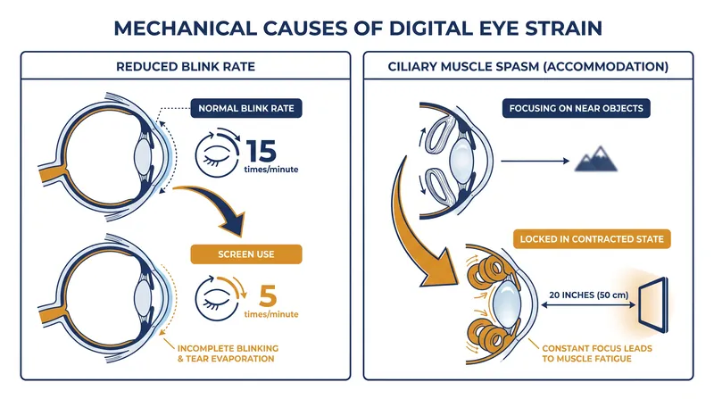 Digital eye strain is driven by a plummeting blink rate and muscular focusing fatigue, not spectral light emissions.