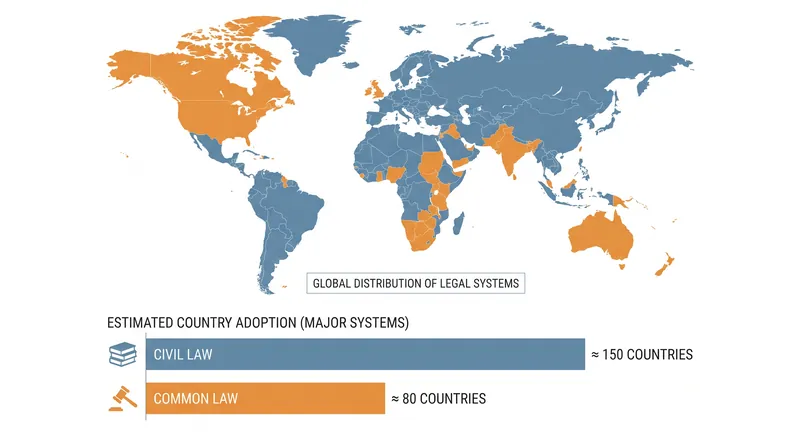 Global distribution of primary legal systems by country count.