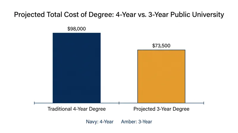 A three-year degree pathway could reduce total tuition and living expenses by 25 percent.