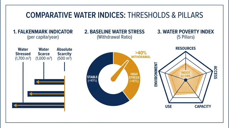 The three dominant frameworks for measuring water scarcity prioritize different nodes in the hydrological cycle.