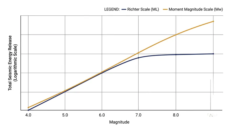The Richter scale saturates at higher magnitudes, failing to capture the true energy release of mega-quakes.