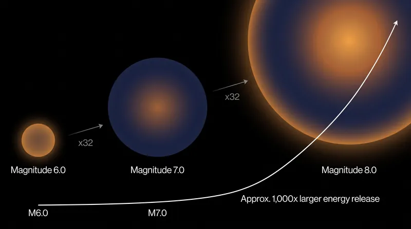 Each whole number increase on the Moment Magnitude scale represents 32 times more seismic energy.