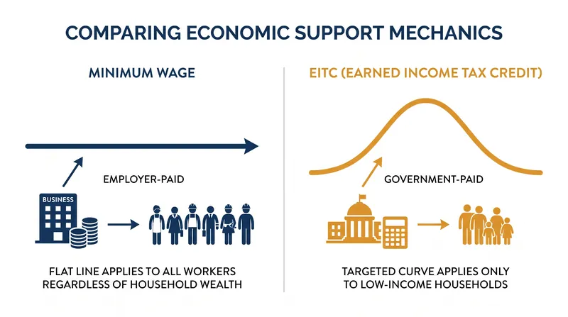 While the minimum wage applies broadly across all income brackets, the EITC targets funds specifically to low-income households.