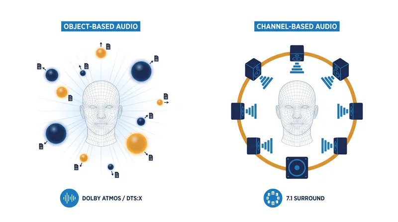 Object-based audio treats individual sounds as free-floating coordinates rather than mixing them into fixed surround channels.