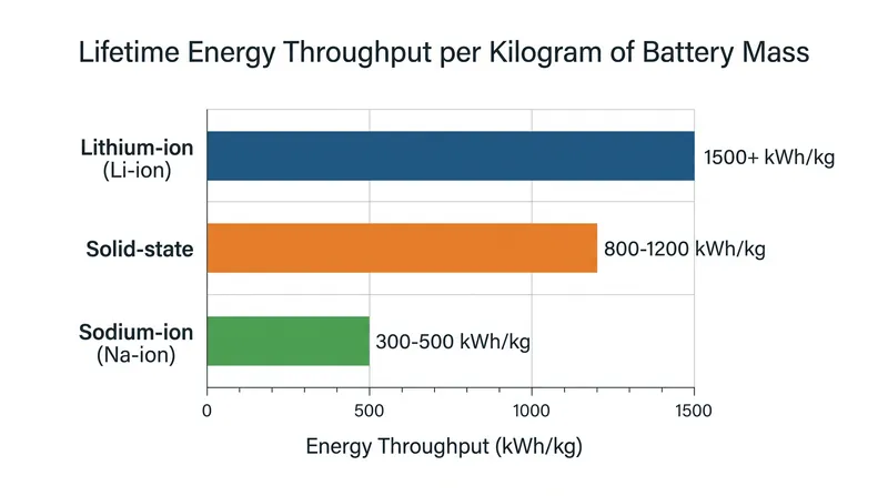 Lifetime energy throughput per kilogram reveals why lithium-ion remains dominant for weight-constrained applications.