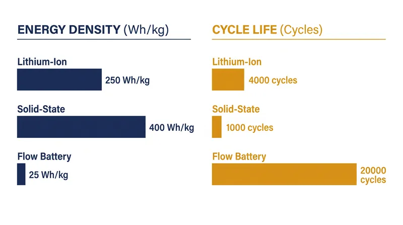Comparing the fundamental trade-offs between energy density and cycle life across battery architectures.