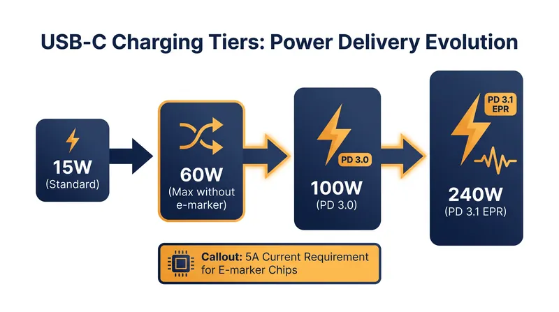 Cables must contain an e-marker chip to safely deliver more than 60 watts of power.