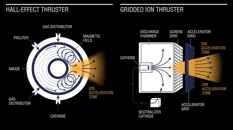 Hall-effect thrusters eliminate physical grids by using a magnetic field to trap electrons, reducing component erosion.