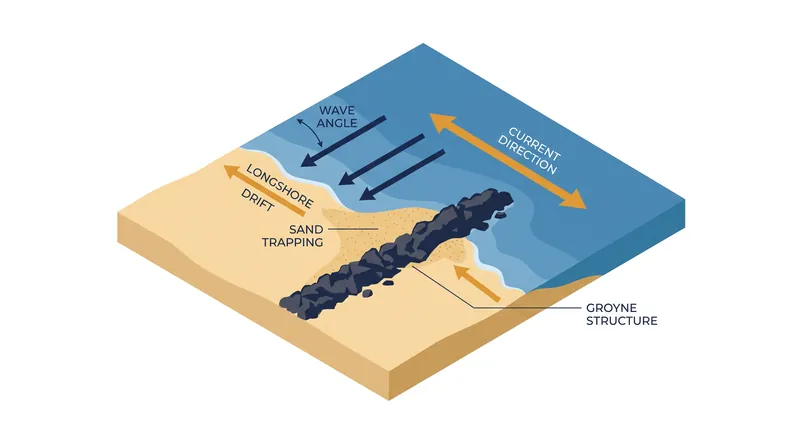 Groynes interrupt the natural flow of longshore drift, trapping sand on one side while starving the other.