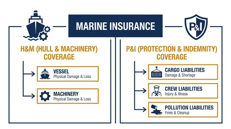 The dual architecture of marine insurance separates asset protection from liability.