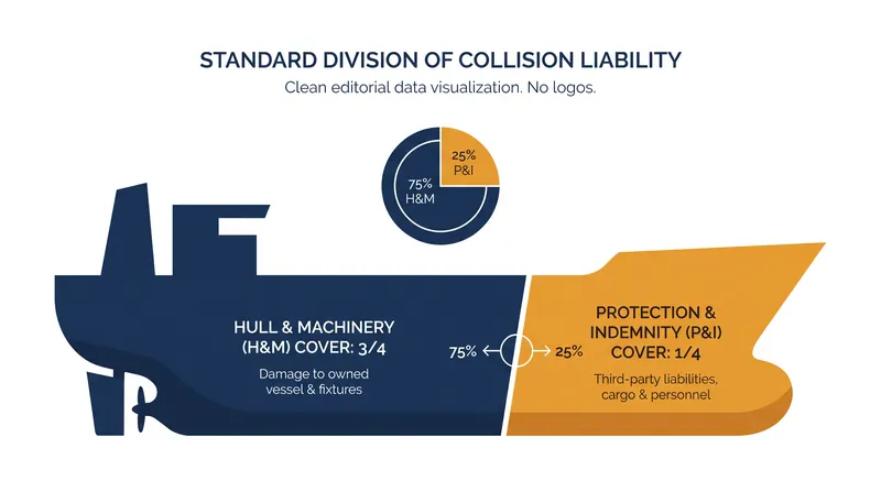 Standard collision liability clauses split the risk to force collaboration between underwriters and mutual clubs.