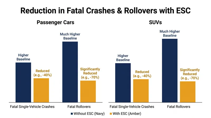 NHTSA data shows ESC is particularly effective at preventing rollovers in top-heavy vehicles like SUVs.