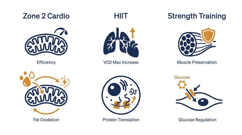 Different exercise modalities trigger distinct cellular adaptations that collectively improve healthspan.