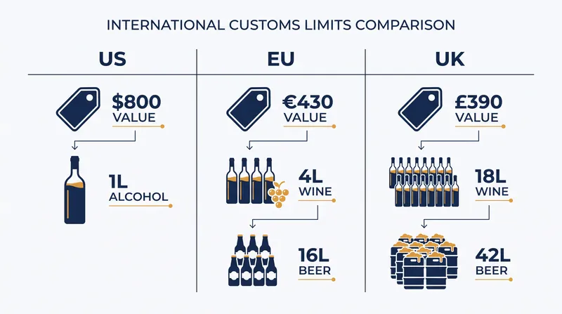 A comparison of general merchandise and alcohol allowances across major Western jurisdictions.