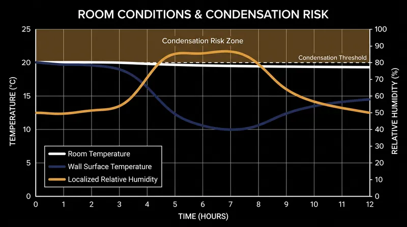 Even in a dry room, cold exterior walls can create localized micro-climates damp enough to trigger spore germination.