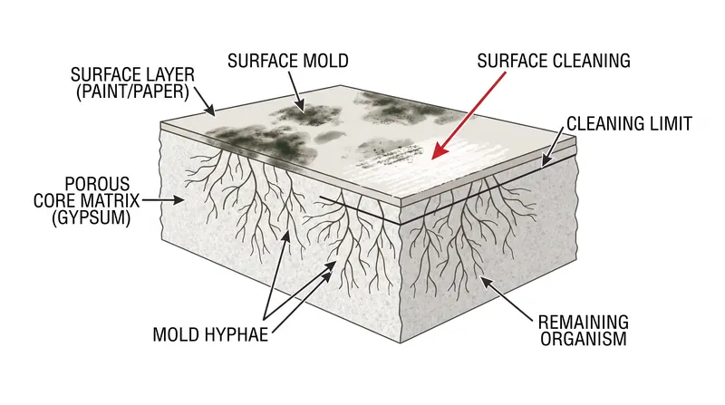 Mold extends root-like hyphae deep into porous materials, making surface cleaning ineffective.