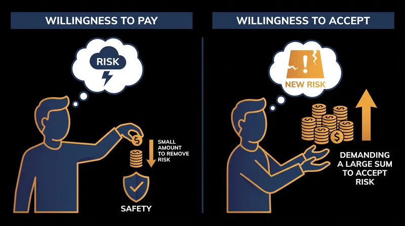 Behavioral economics shows a persistent gap between what people will pay for safety and what they demand to accept danger.