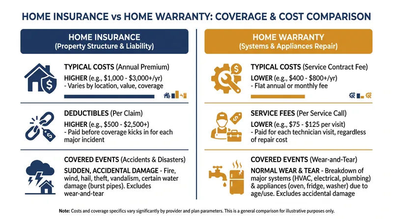 The structural and financial differences between home insurance and a home warranty.