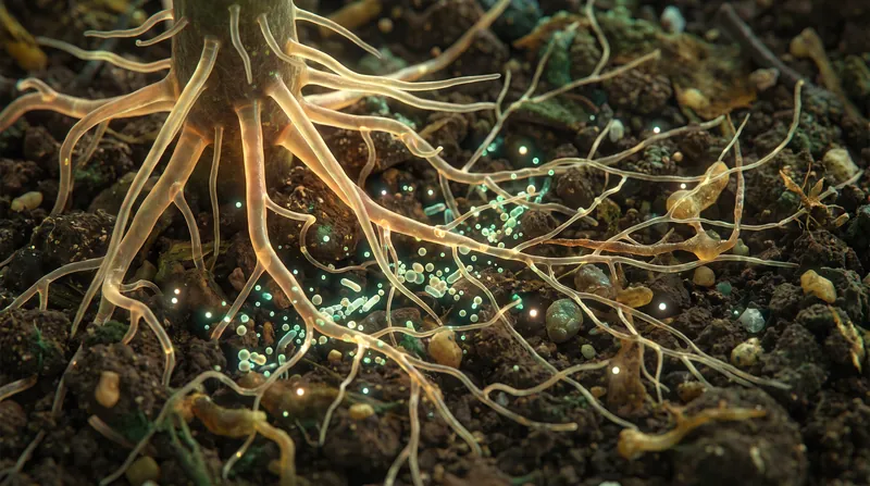 The rhizosphere is a bustling microscopic ecosystem where roots and microbes interact to process nutrients.