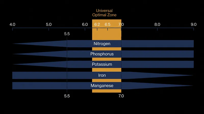 The availability of essential plant nutrients peaks in a narrow pH window.