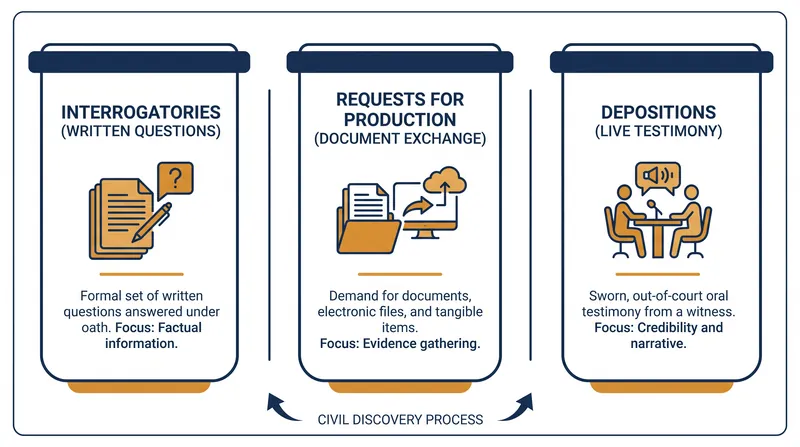 The three primary tools used to gather evidence during the pre-trial phase.