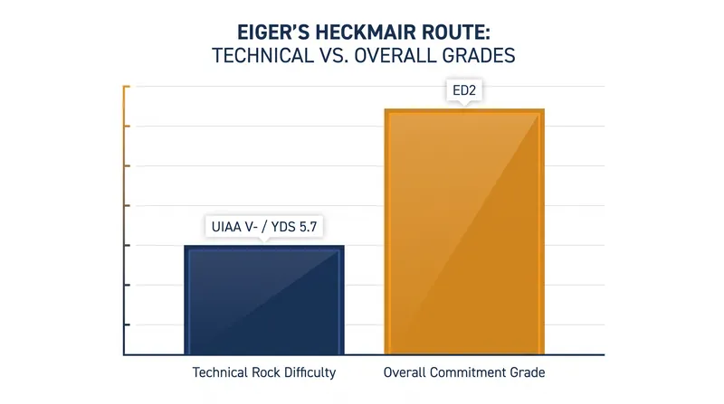 A route can feature moderate technical rock climbing but still receive an extreme alpine grade due to severe environmental factors.