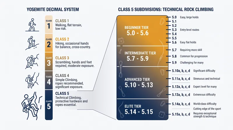 The Yosemite Decimal System categorizes terrain from flat hiking trails to elite technical rock climbing.