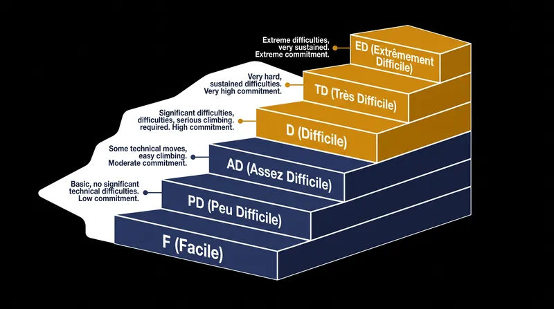 The French Alpine system evaluates the overall commitment, length, and objective hazard of a mountain route.