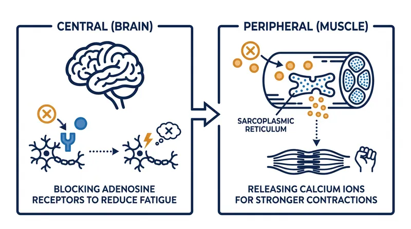 Caffeine operates through both central nervous system pathways and peripheral muscular pathways.