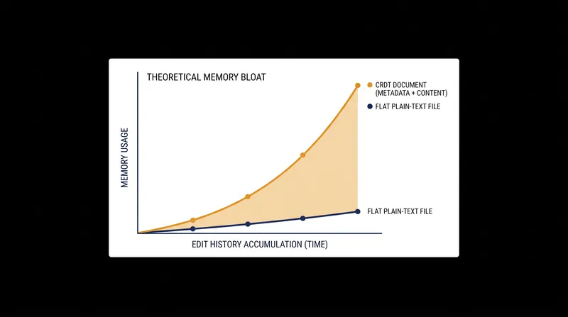 Because CRDTs track the history of every operation, they can consume significantly more memory than plain text.