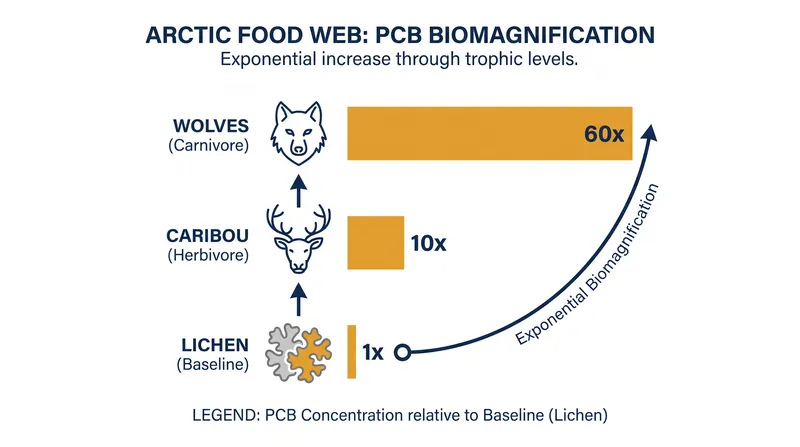 How polychlorinated biphenyls (PCBs) magnify across a terrestrial Arctic food web.