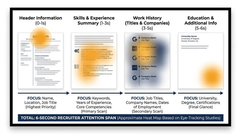 Eye-tracking studies reveal recruiters spend an average of six seconds on an initial resume screen.