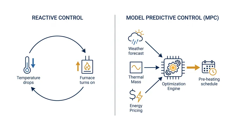 Model Predictive Control (MPC) shifts HVAC systems from reactive binary switches to proactive optimization engines.