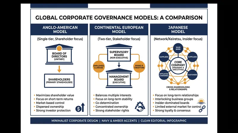 A comparison of the three primary corporate governance models and their structural priorities.