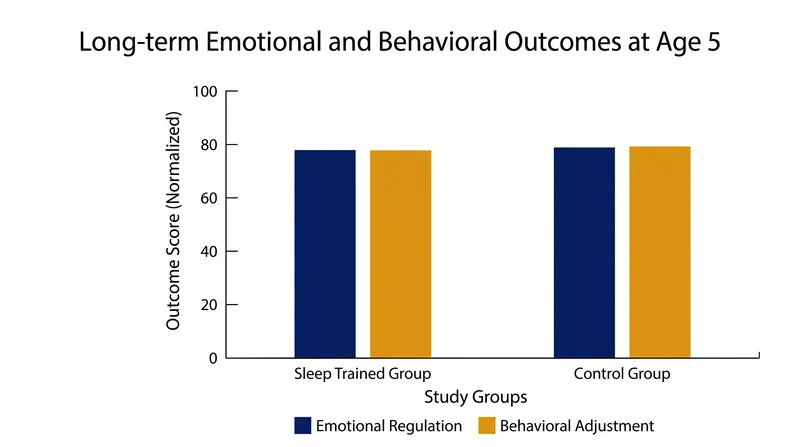 Long-term follow-up data shows no significant behavioral differences between sleep-trained and non-sleep-trained children at age five.