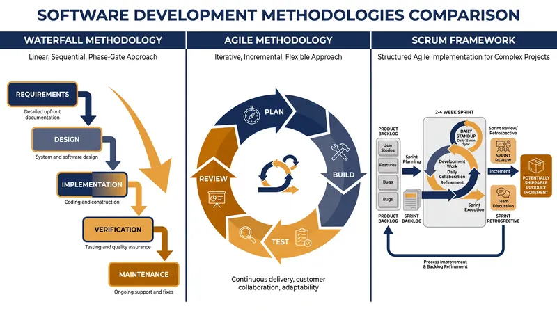 Waterfall relies on sequential phases, Agile focuses on iterative loops, and Scrum provides a specific framework of time-boxed sprints.