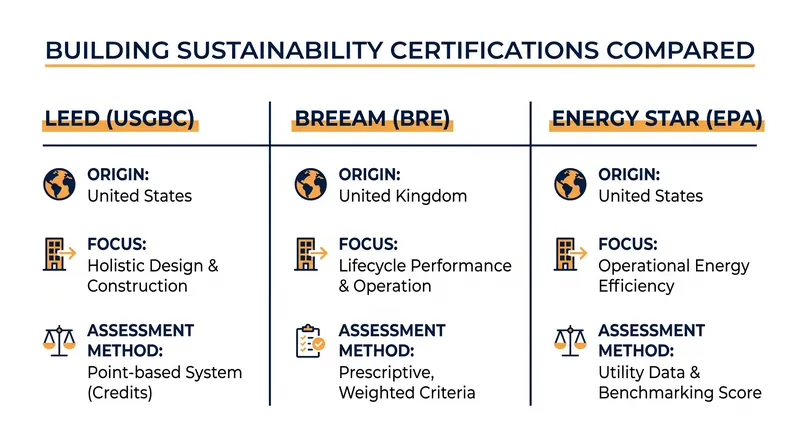 Comparing the methodologies and focus areas of the major green building certifications.