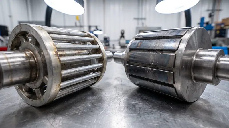 Unlike permanent magnet rotors (right), induction rotors (left) rely on induced currents rather than rare-earth materials.