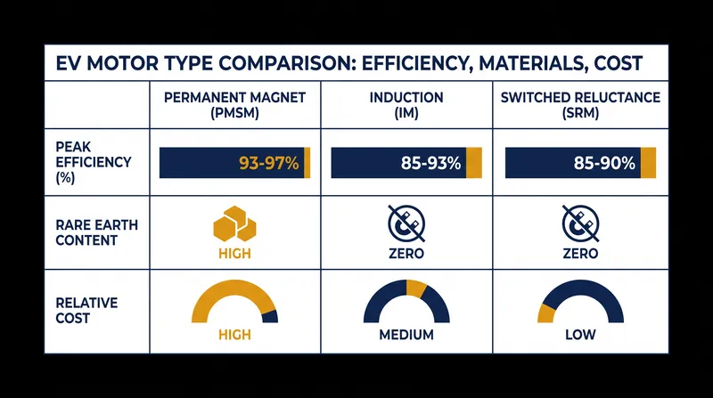 Trade-offs between the three primary electric vehicle motor architectures.