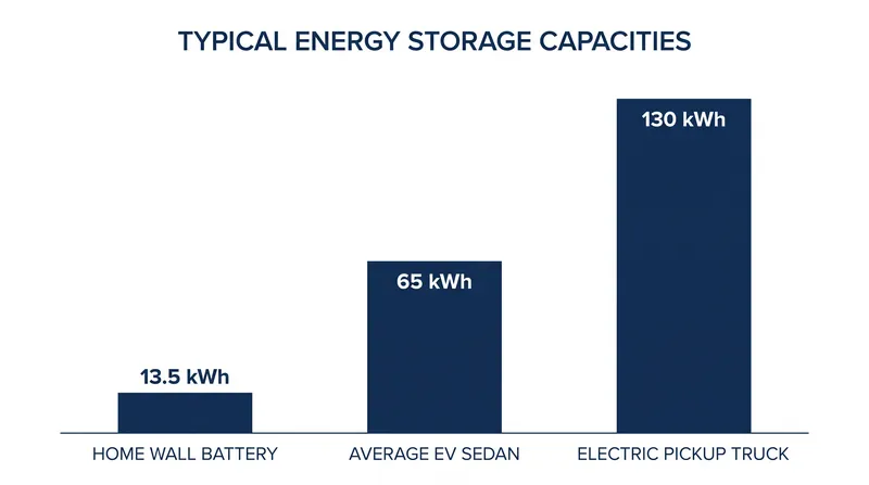 An electric vehicle holds significantly more energy than a standard residential backup battery.