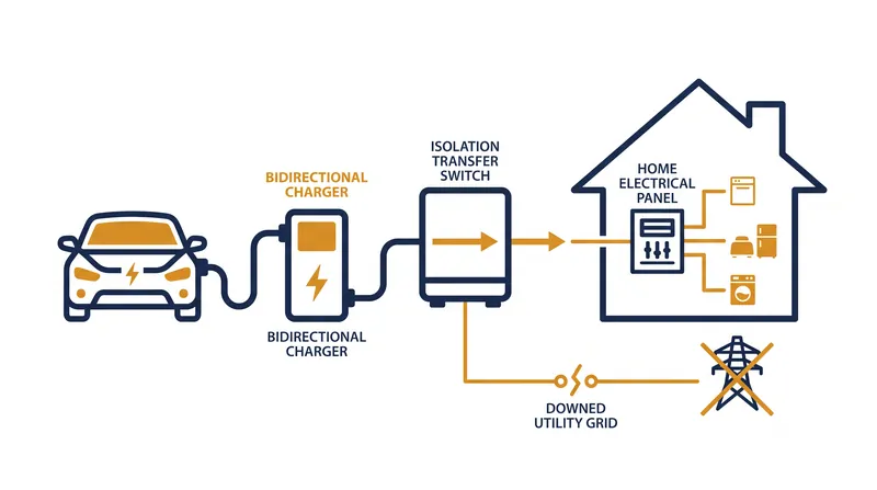 Vehicle-to-Home systems require an isolation switch to safely power a house during a blackout.