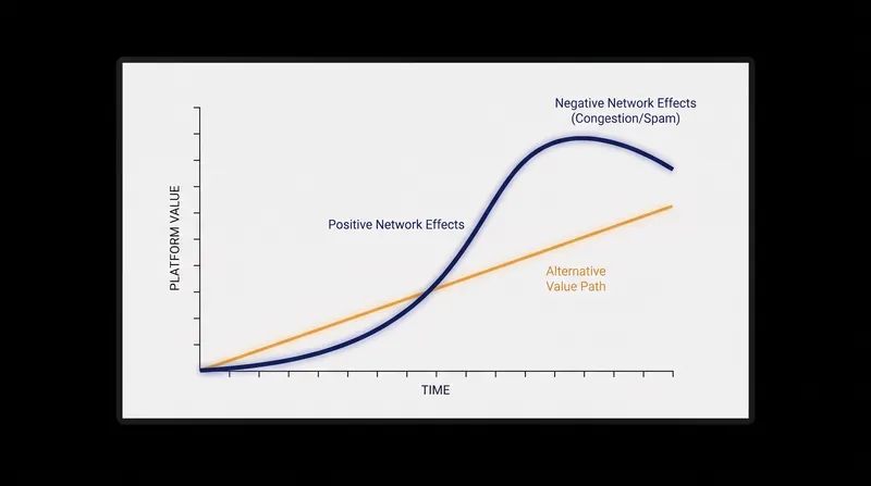 Network value does not scale infinitely; unmanaged platforms eventually suffer from congestion and negative network effects.