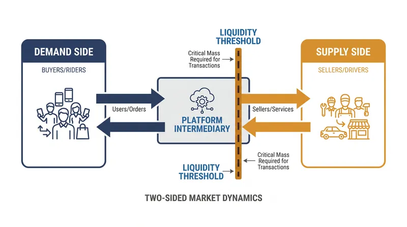 Two-sided platforms must balance supply and demand simultaneously to cross the critical liquidity threshold.